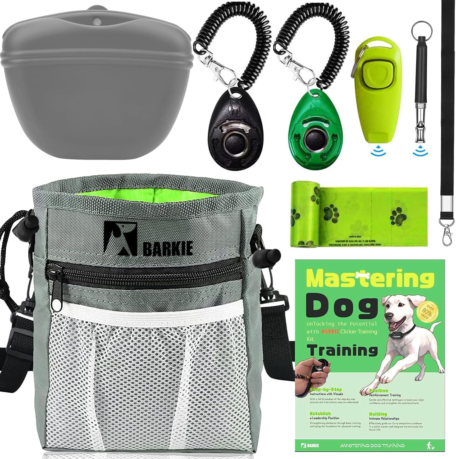 Dog Training Kit - Treat Pouch, Pet Training Fanny Pack, 2 Puppy Training Clickers, Ultrasonic Silent Whistle, 2-In-1 Whistle Clicker, Clicker Training Guide Booklet, Dog Poop Bag (Grey)