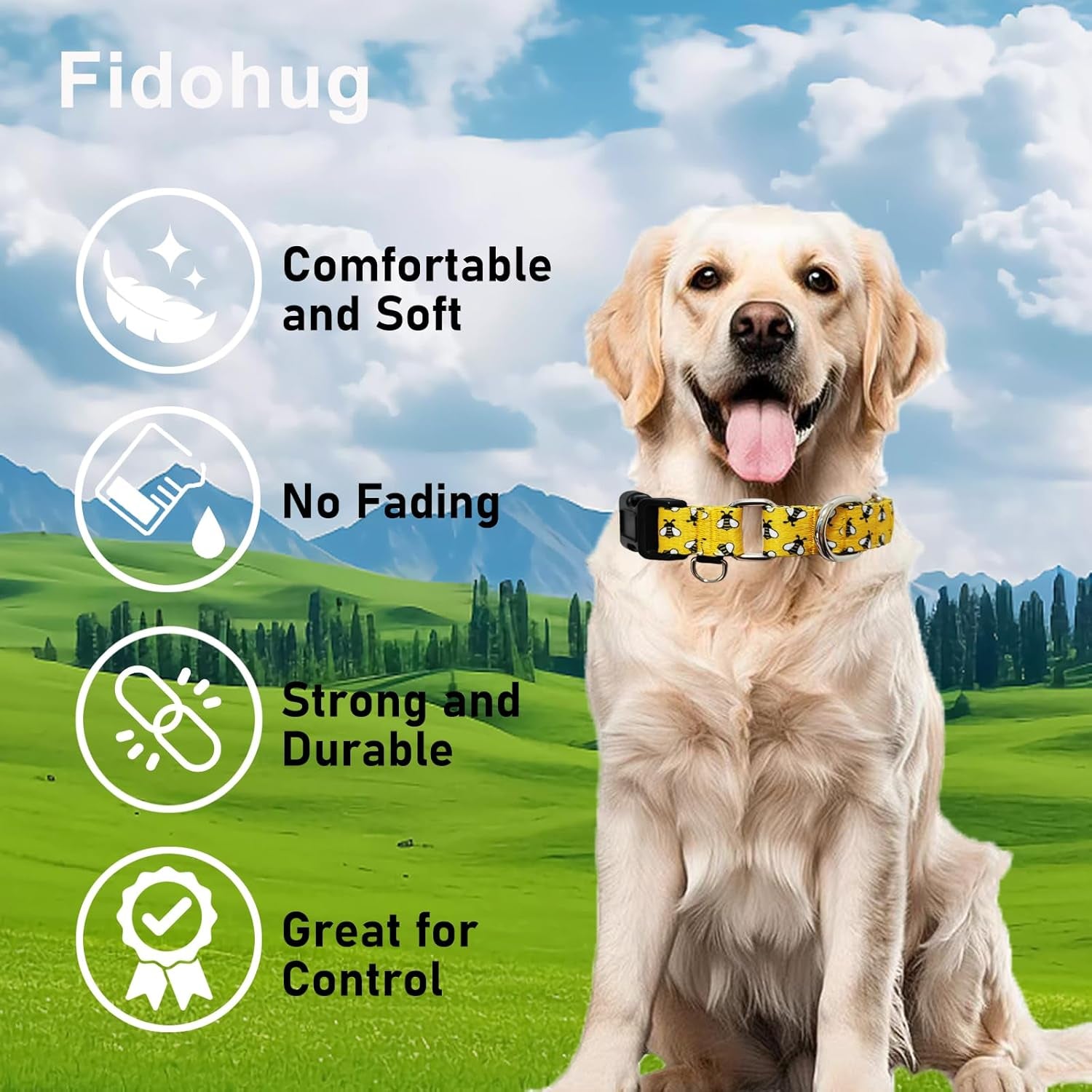 Martingale Dog Collar with Buckle Yellow Bee Dog Collar Adjustable Cute Design Patterns (Bee, Large)