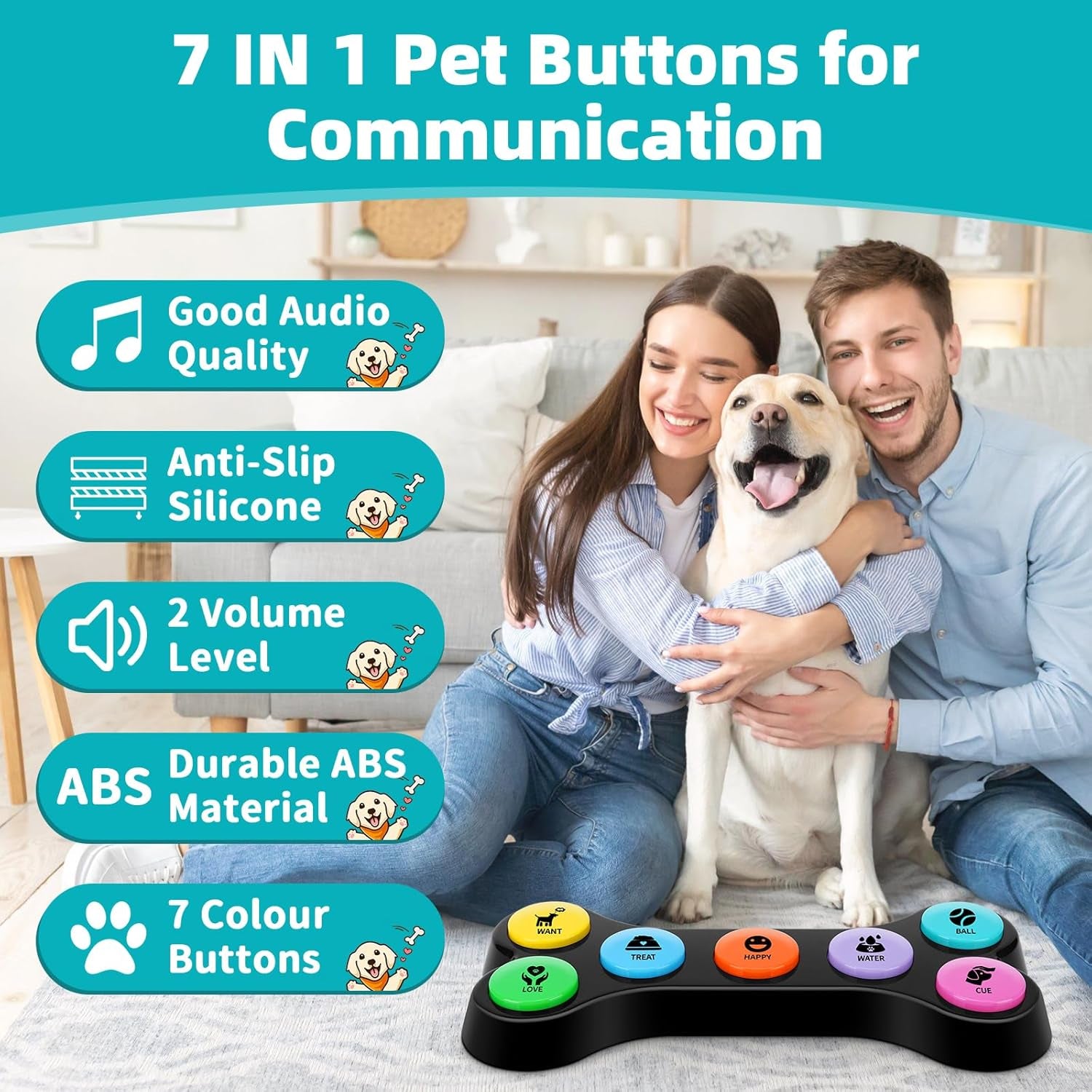 Dog Recordable Training Buttons, Set of 7 Colors, Dog Buttons for Communication, Dog Speech Training Buzzers, Loud Clear Already Recorded Words, Adjustable Volume