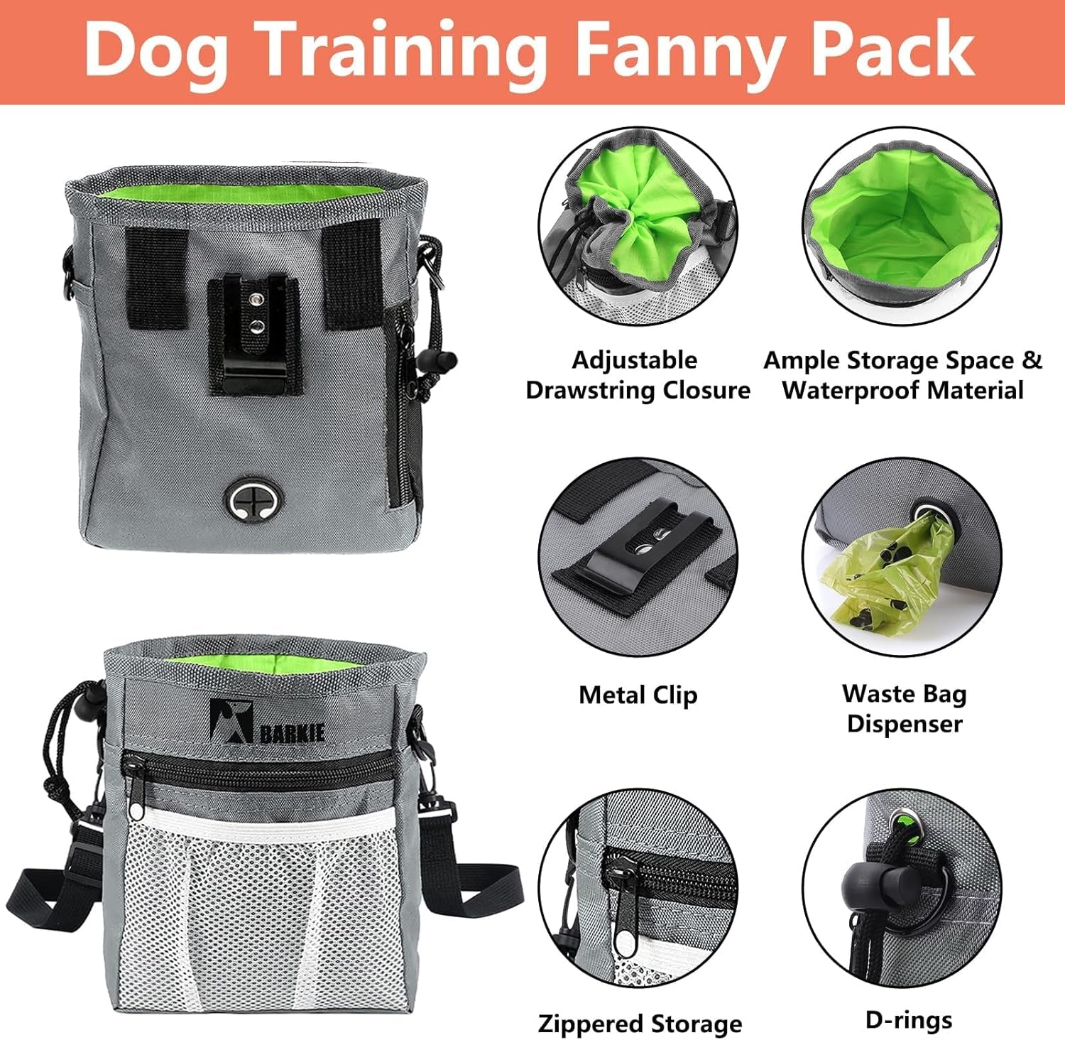 Dog Training Kit - Treat Pouch, Pet Training Fanny Pack, 2 Puppy Training Clickers, Ultrasonic Silent Whistle, 2-In-1 Whistle Clicker, Clicker Training Guide Booklet, Dog Poop Bag (Grey)